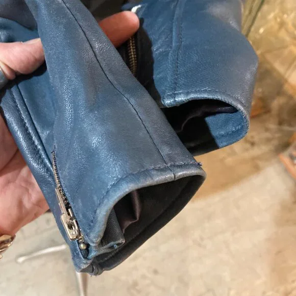 PERFECTO SCHOTT blue leather biker motorcycle womens leather jacket sz small - Picture 4 of 6